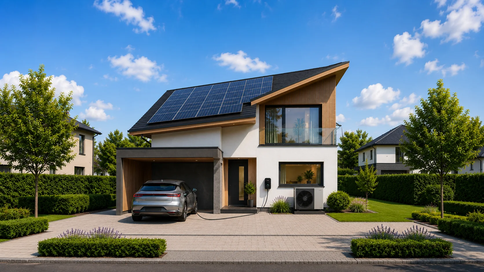 Haus mit Photovoltaik auf dem Dach, Wallbox neben dem Eingang und Wärmepumpe rechts an der Fassade.